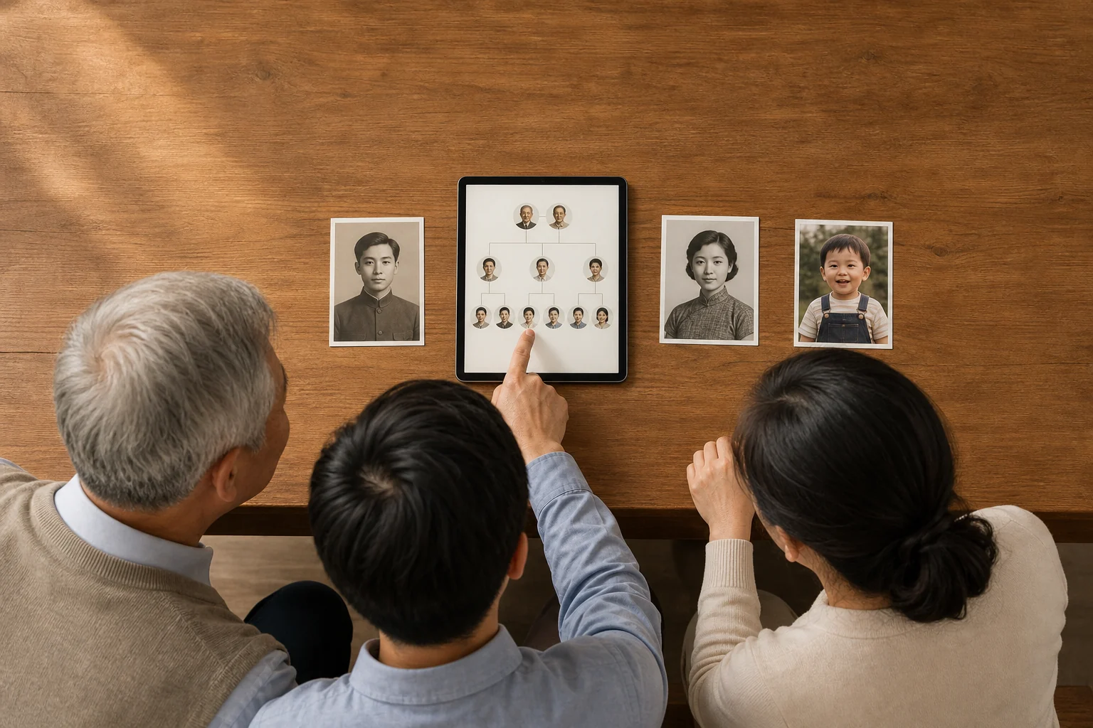 家人共同查看和完善数字家谱